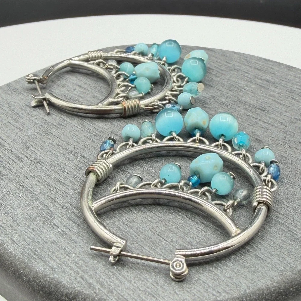Silver Tone Turquoise Blue Beaded Chandelier Hoop Earrings Boho Statement Gift